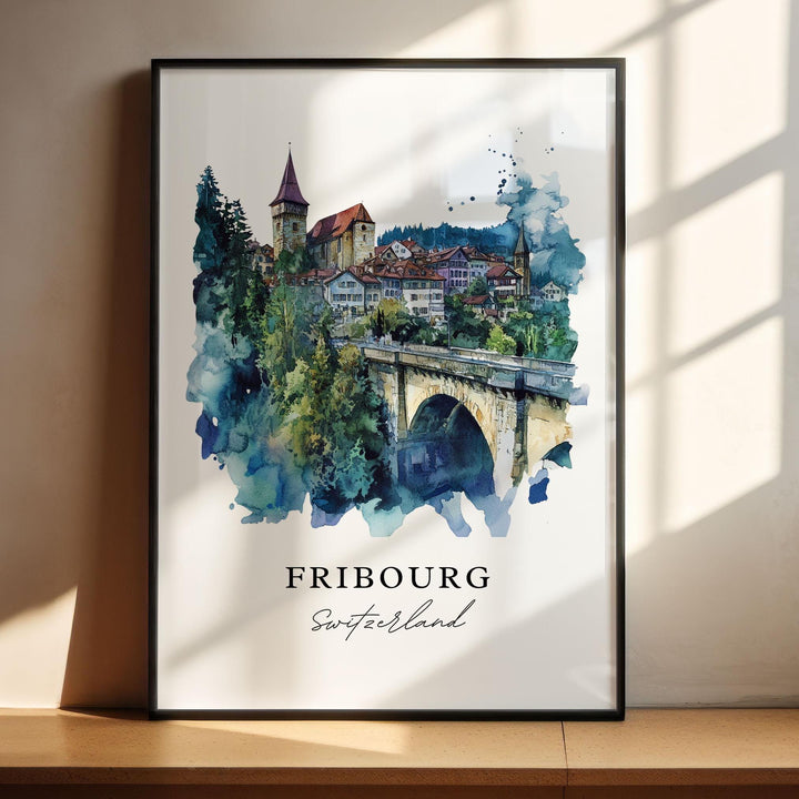 Fribourg Wall Art, Fribourg Switzerland Print, Fribourg Watercolor Art, La Sarine Gift,