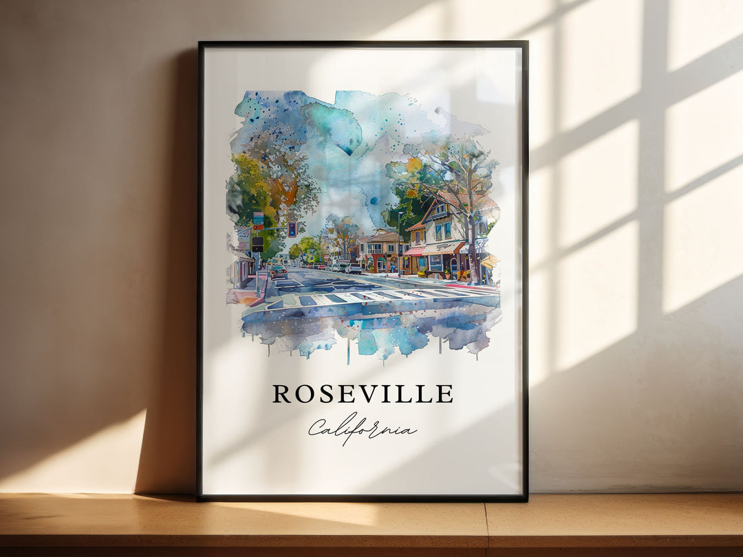 Roseville CA Art, Placer County CA Print, Roseville Watercolor Art, Sacramento Cali Gift,