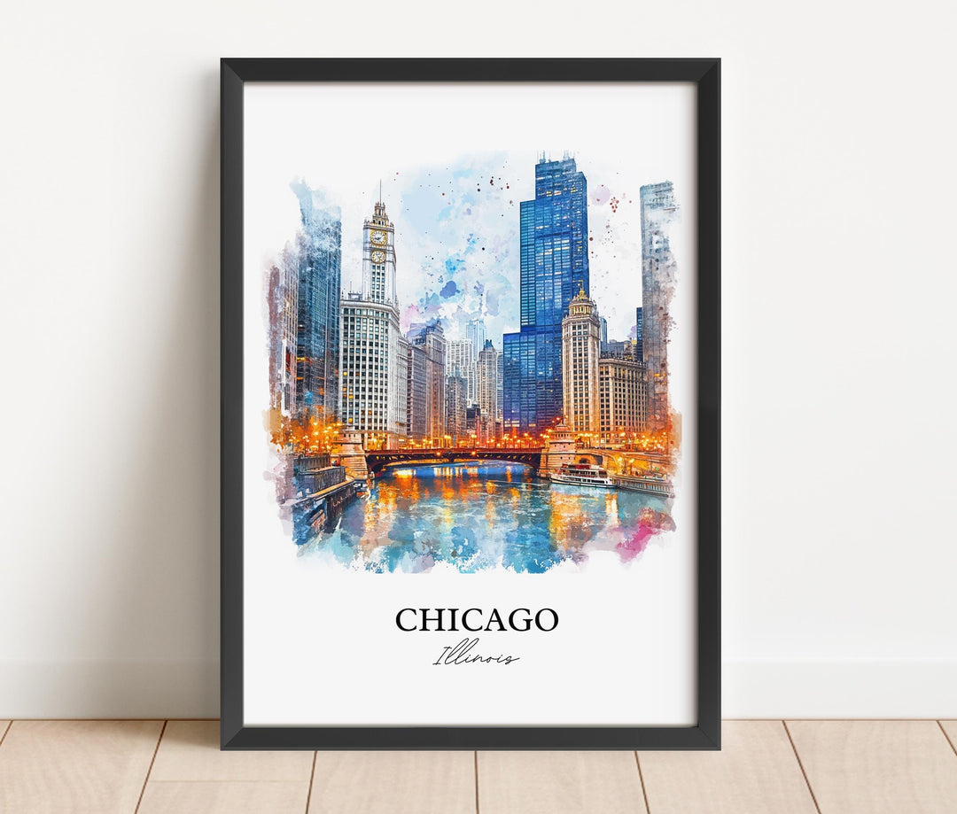 Chicago IL Wall Art, Chicago Skyline Print, Chicago River Watercolor Art, Chicago Gift, Travel Print, Travel Poster, Housewarming Gift