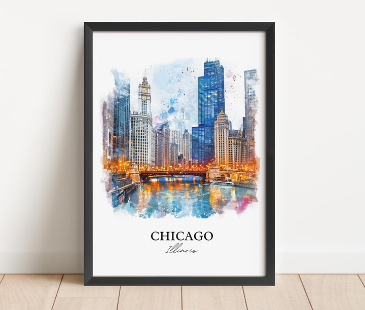 Chicago IL Wall Art, Chicago Skyline Print, Chicago River Watercolor Art, Chicago Gift, Travel Print, Travel Poster, Housewarming Gift