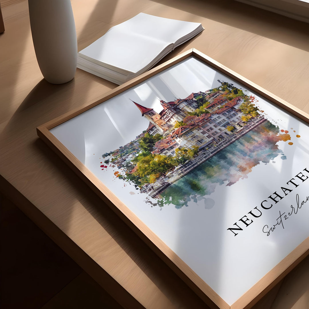 Neuchatel Wall Art, Neuchatel Print, Neuchatel Switzerland Watercolor, Neuchatel Gift, Travel Poster, Housewarming Gift