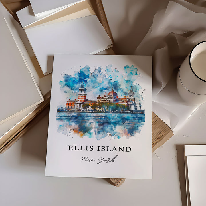 Ellis Island NY Art, Ellis Island Print, Statue of Liberty Watercolor Art, Ellis Island Gift,