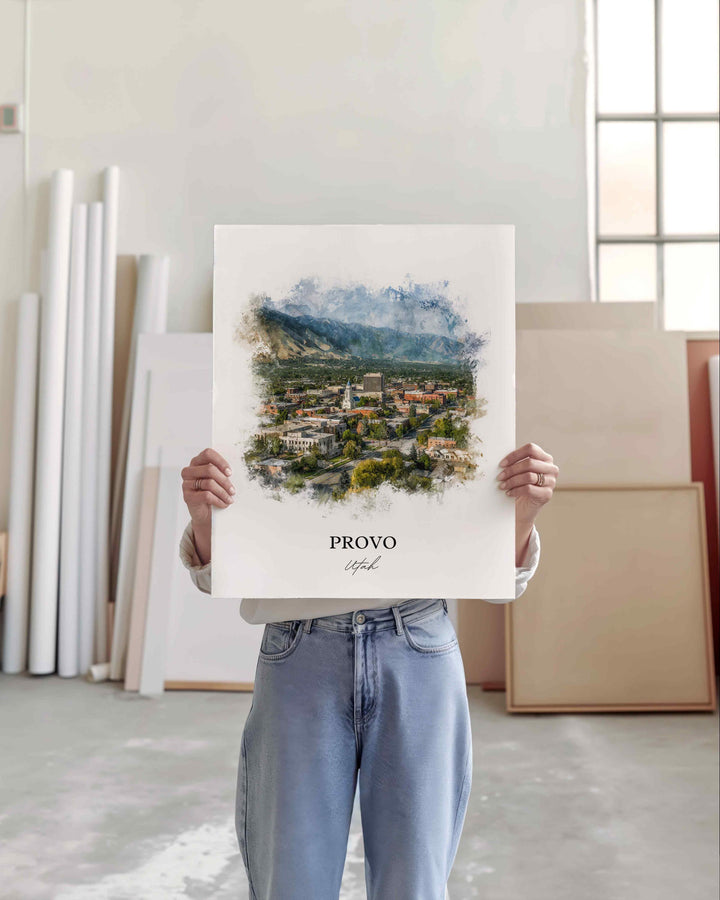Provo Utah Wall Art, Provo Print, Utah Watercolor Art, Provo Utah Skyline Gift, Travel Print, Travel Poster, Housewarming Gift