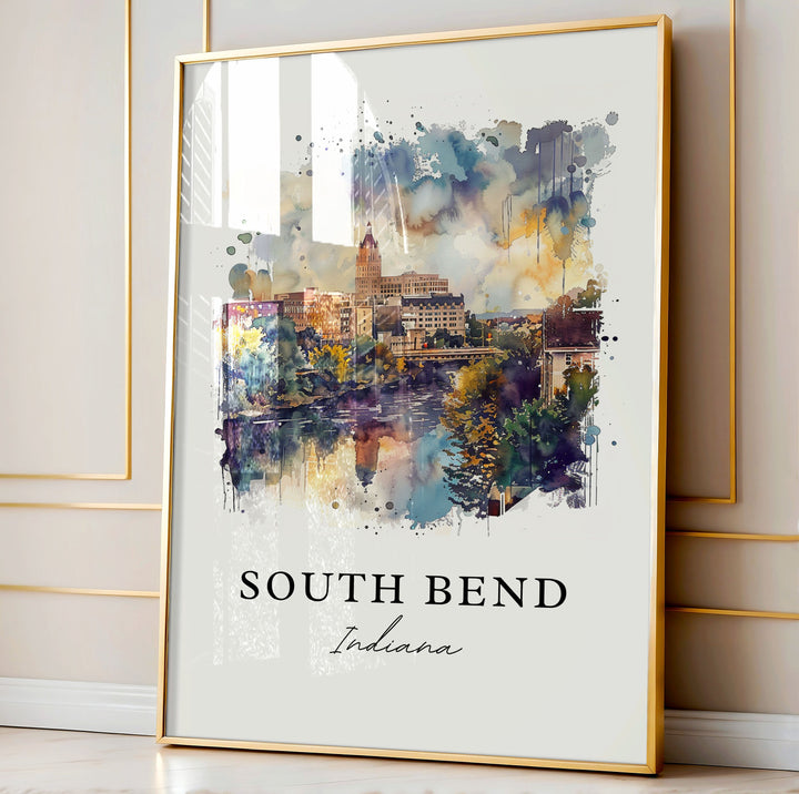 South Bend Wall Art, South Bend Print, South Bend IN Watercolor Art, Notre Dame Univ Gift,