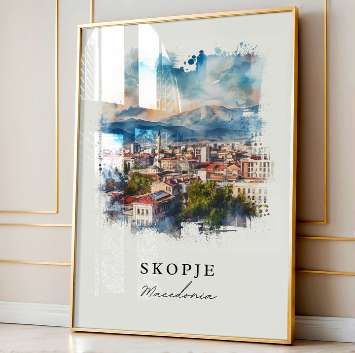 Skopje watercolor travel art - Macedonia, Skopje print, Wedding gift, Birthday present, Custom Text, Perfect Gift