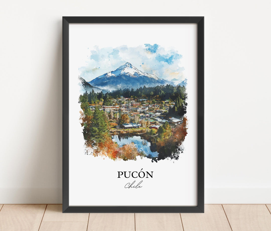 Pucón Chile Wall Art, Pucón Print, Lake Villarrica Watercolor Art, Pucón Chile Gift, Travel Print, Travel Poster, Housewarming Gift