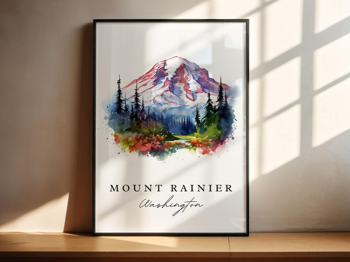 Mount Rainier traditional travel art - Washington, Mount Rainier poster print, Wedding gift, Birthday present, Custom Text, Perfect Gift