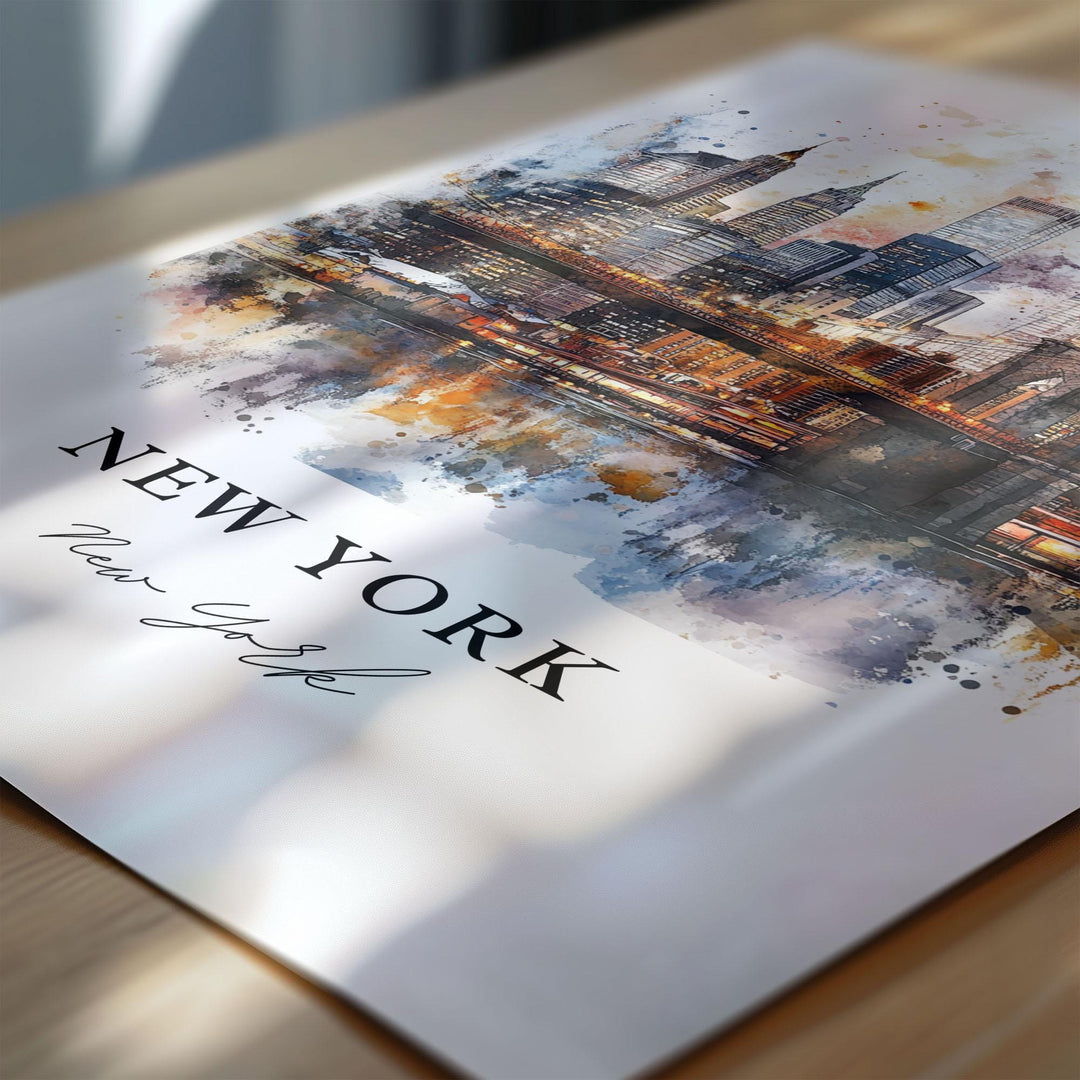 New York City Wall Art, NYC Print, Manhattan Watercolor Art, Brooklyn Bridge Gift, Travel Print, Travel Poster, Housewarming Gift
