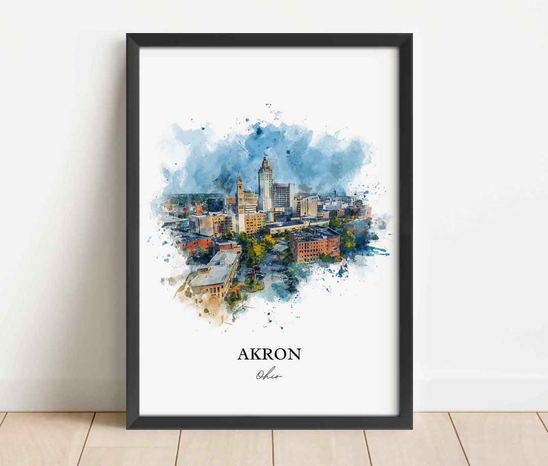 Akron, Ohio Wall Art, Akron Print, Akron Watercolor Art, Akron Ohio Skyline Gift, Travel Print, Travel Poster, Housewarming Gift