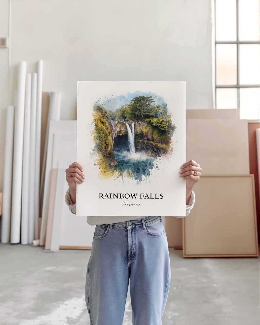 Rainbow Falls Wall Art, Hilo Print, Hilo Hawaii Watercolor Art, Rainbow Falls Gift, Travel Print, Travel Poster, Housewarming Gift
