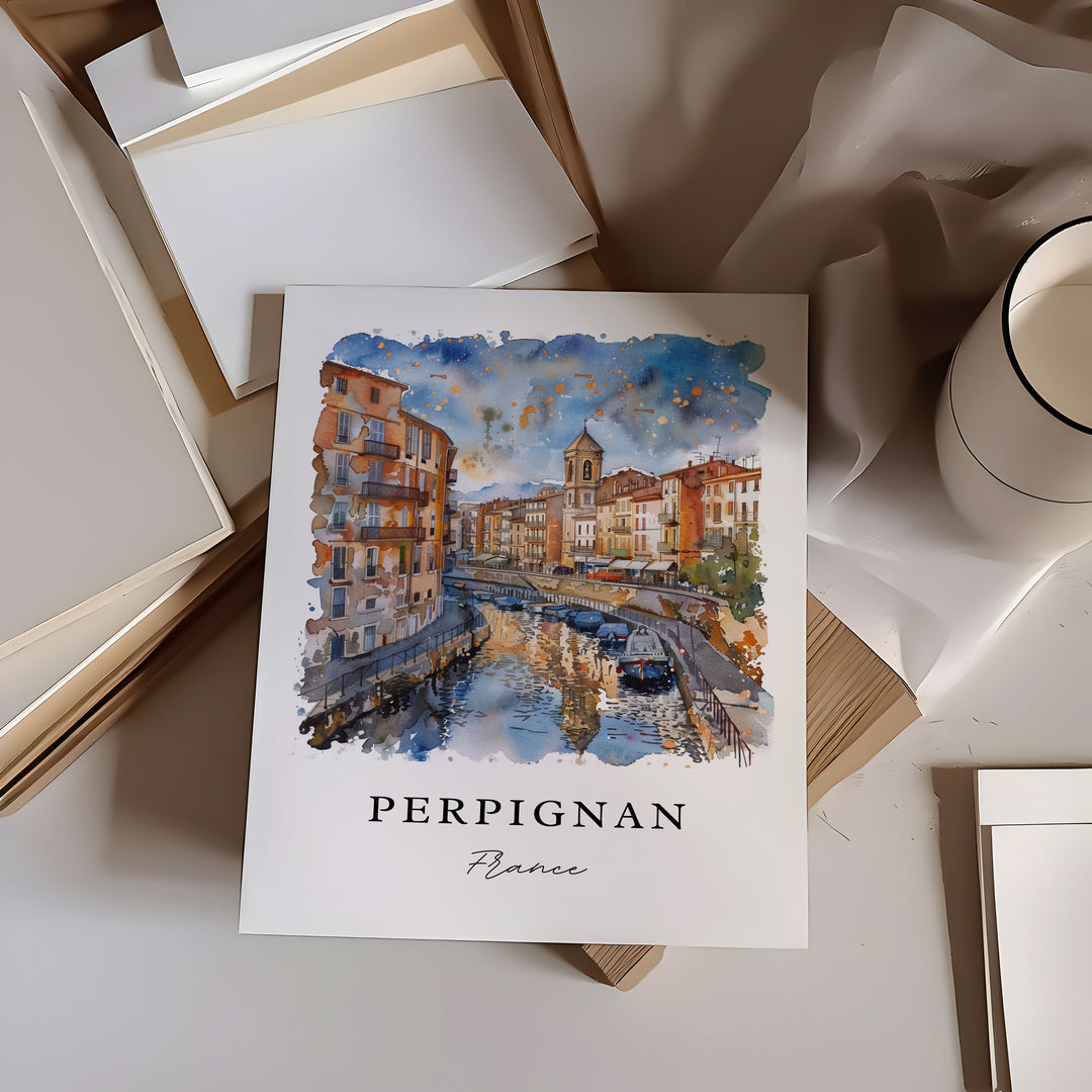 Perpignan Wall Art, Perpignan France Print, Pyrenees Watercolor Art, Perpignan France Gift,