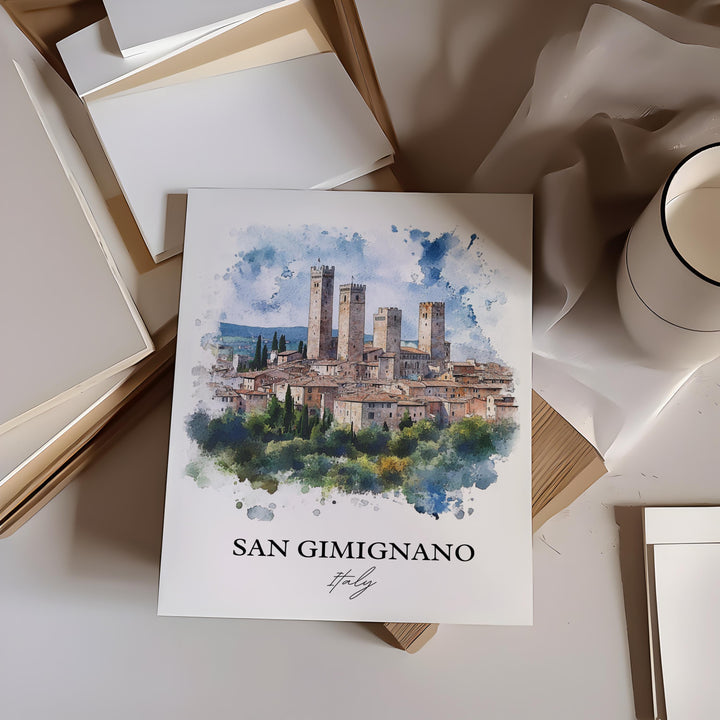 San Gimignano Wall Art, Tuscany Print, Italy Watercolor Art, San Gimignano Gift, Travel Print, Travel Poster, Housewarming Gift