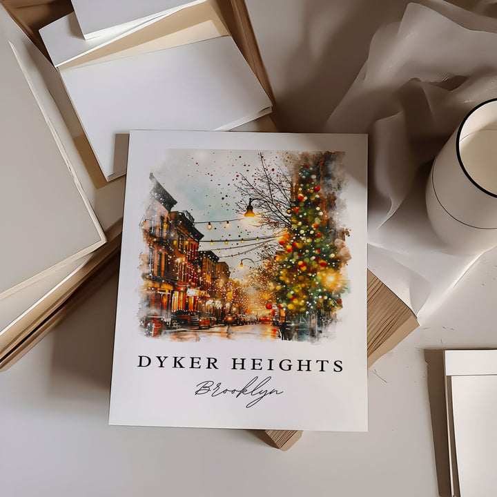 Dyker Heights watercolor travel art - Brooklyn, Dyker Heights print, Brooklyn Wedding gift, Birthday present, Custom Text, Perfect Gift