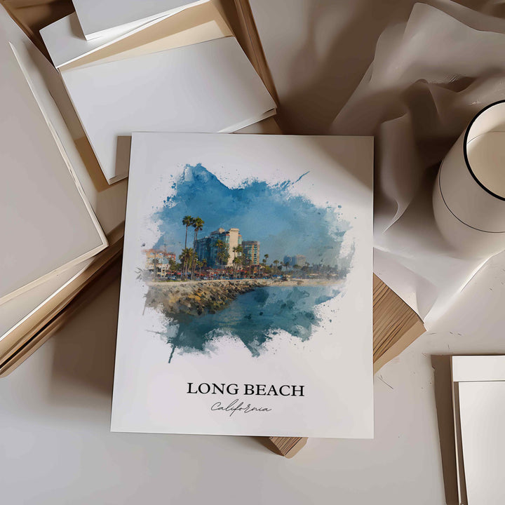 Long Beach CA Wall Art, Long Beach Print, California Watercolor Art, Queensway Bay Gift, Travel Print, Travel Poster, Housewarming Gift