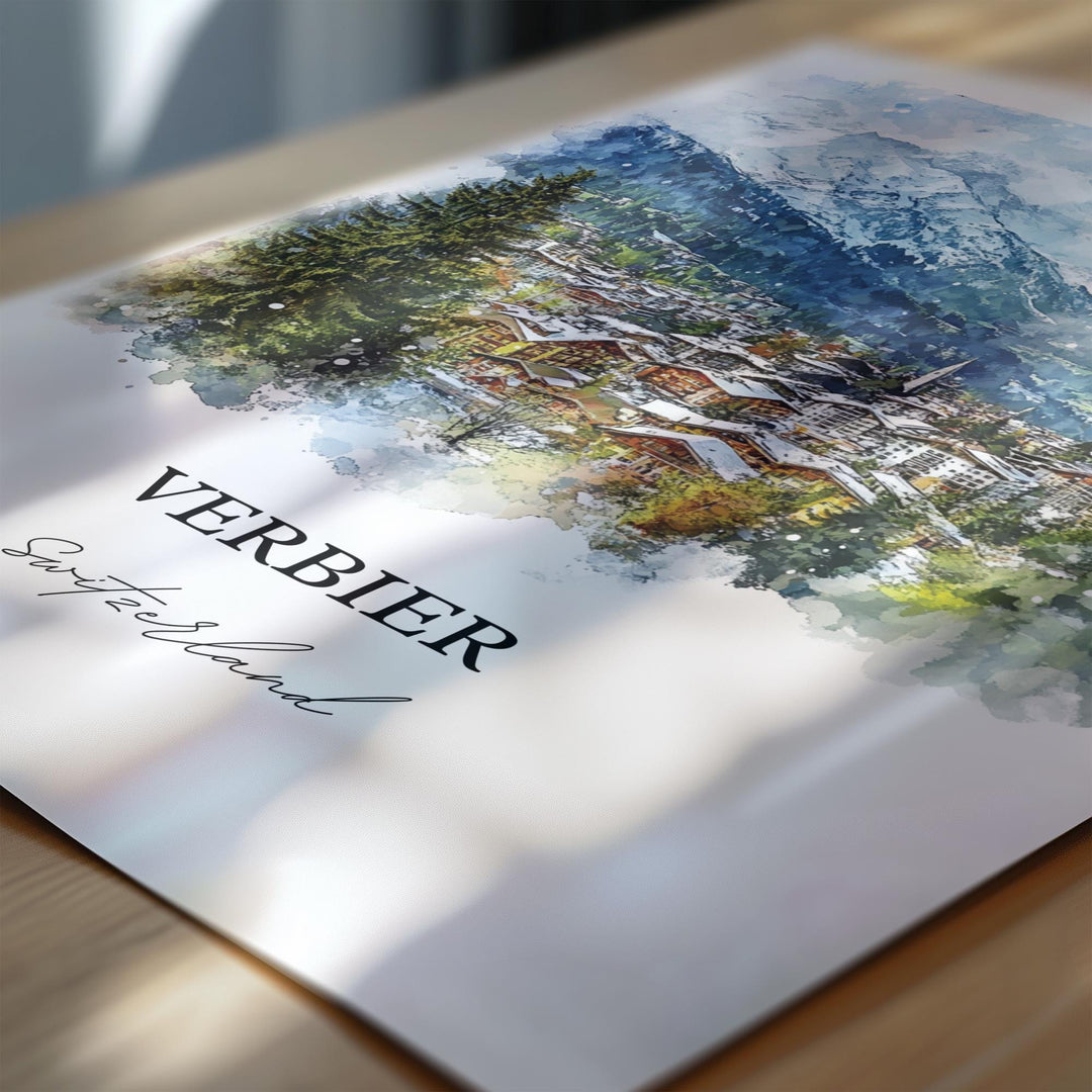 Verbier Wall Art, Verbier Switzerland Print, Switzerland Watercolor Art, Valais Canton Gift, Travel Print, Travel Poster, Housewarming Gif