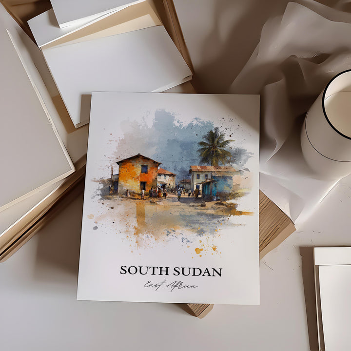 South Sudan Wall Art, South Sudan Print, Africa Watercolor Art, South Sudan Gift, Travel Print, Travel Poster, Housewarming Gift