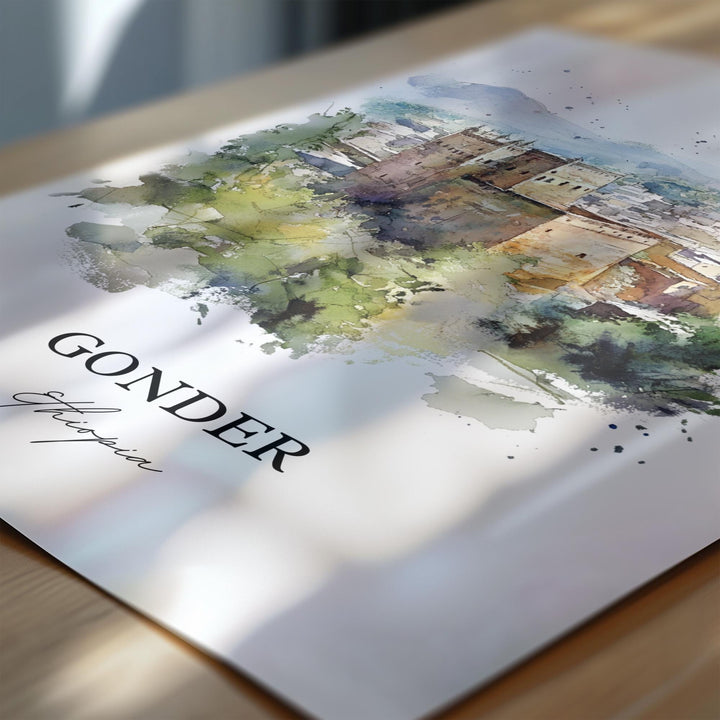 Gonder Ethiopia Wall Art, Amhara Region Print, Ethiopia Watercolor Art, Gondar Gift, Travel Print, Travel Poster, Housewarming Gift