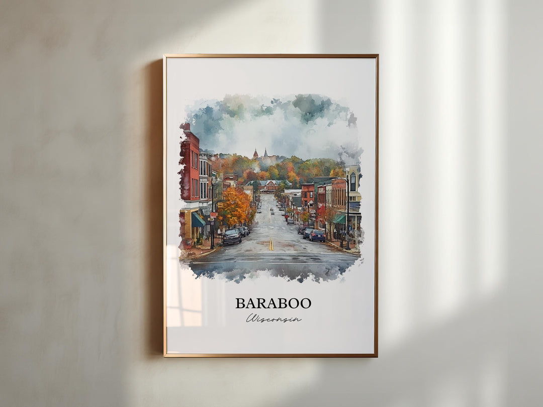 Baraboo WI Wall Art, Sauk County Print, Wisconsin Watercolor Art, Baraboo Gift, Travel Print, Travel Poster, Housewarming Gift
