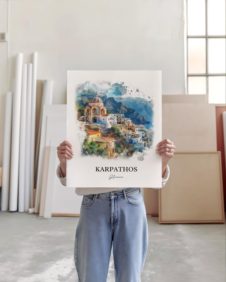 Karpathos Greece Wall Art, Dodecanese Islands Print, Greece Watercolor Art, Karpathos Gift, Travel Print, Travel Poster, Housewarming Gift
