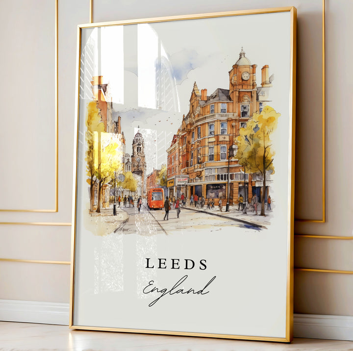 Leeds traditional travel art - England, Leeds poster, Wedding gift, Birthday present, Custom Text, Personalized Gift