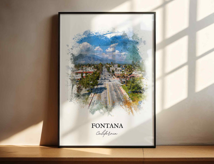 Fontana CA Wall Art, Fontana Print, California Watercolor Art, San Bernardino Gift, Travel Print, Travel Poster, Housewarming Gift