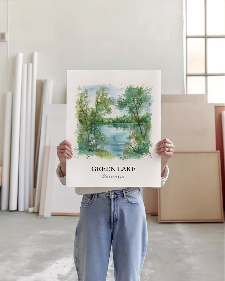 Green Lake WI Wall Art, Big Green Lake Print, Wisconsin Watercolor Art, Green Lake WI Gift, Travel Print, Travel Poster, Housewarming Gift