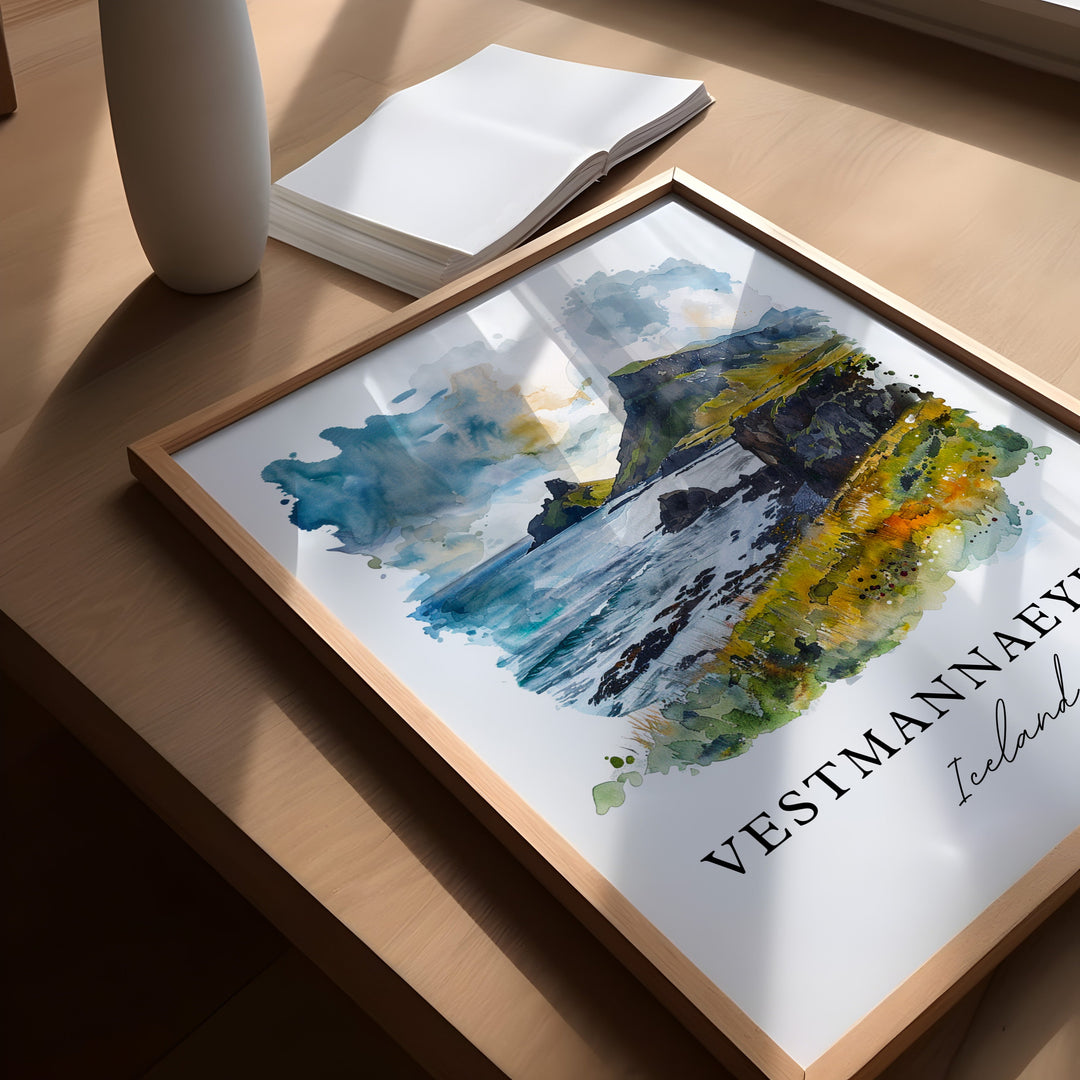 Vestmannaeyjar Wall Art, Iceland Print, Vestmannaeyjar Watercolor, Heimaey Iceland Gift,