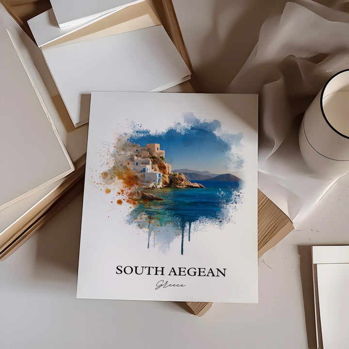 South Aegean Wall Art, Aegean Sea Print, Greece Watercolor Art, Greece Gift, South Aegean Travel Print, Travel Poster, Housewarming Gift