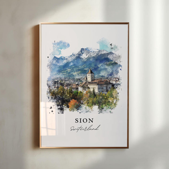 Sion Switzerland Wall Art, Sion Print, Sion Watercolor Art, Valais Switzerland Gift,