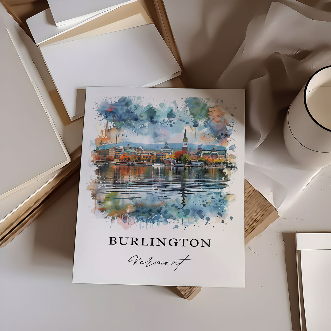 Burlington VT Wall Art, Burlington Vermont Print, Burlington Watercolor, Burlington VT Gift, Travel Poster, Housewarming Gift
