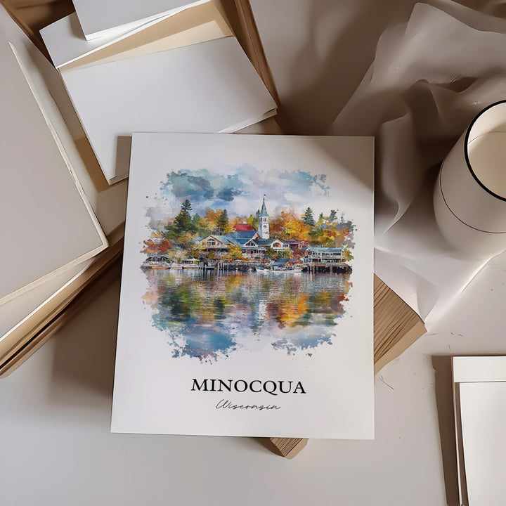 Minocqua WI Wall Art, Oneida County Print, Wisconsin Watercolor Art, Minocqua WI Gift, Travel Print, Travel Poster, Housewarming Gift