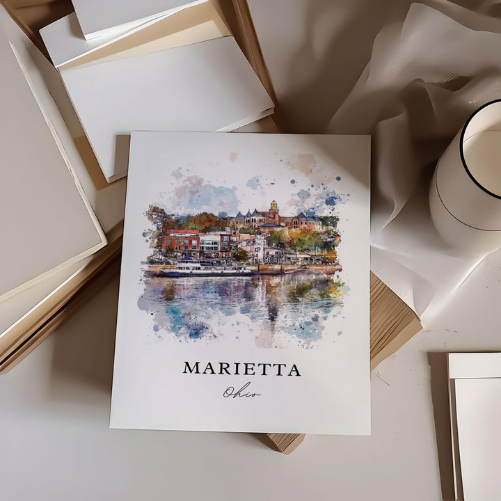 Marietta Ohio Art, Marietta OH Print, Marietta Ohio Watercolor Art, Ohio River Gift,