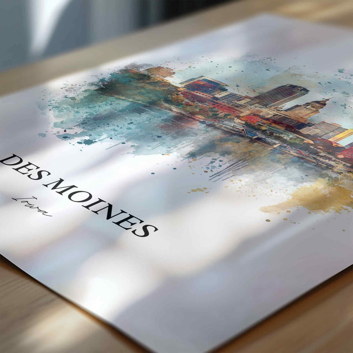 Des Moines, Iowa Wall Art, Des Moines Print, Iowa Watercolor Art, Iowa Gift, Travel Print, Travel Poster, Housewarming Gift