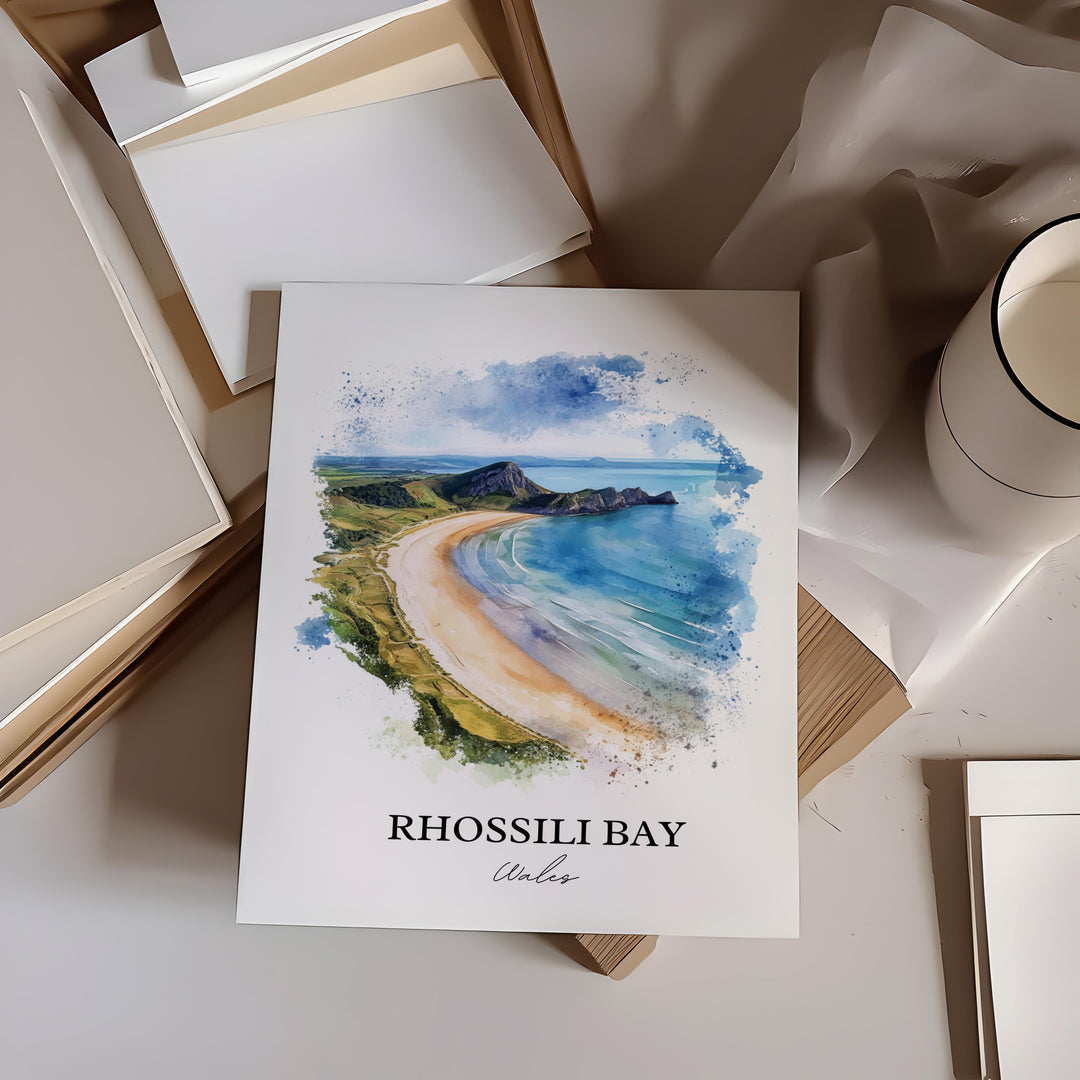 Rhossili Bay Wall Art, South Wales Print, Wales Watercolor Art, Rhossili Bay Gift, Travel Print, Travel Poster, Housewarming Gift