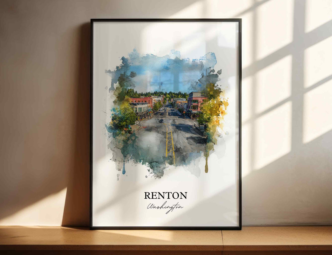 Renton WA Wall Art, Renton Print, Renton Watercolor Art, Renton Washington Gift, Travel Print, Travel Poster, Housewarming Gift
