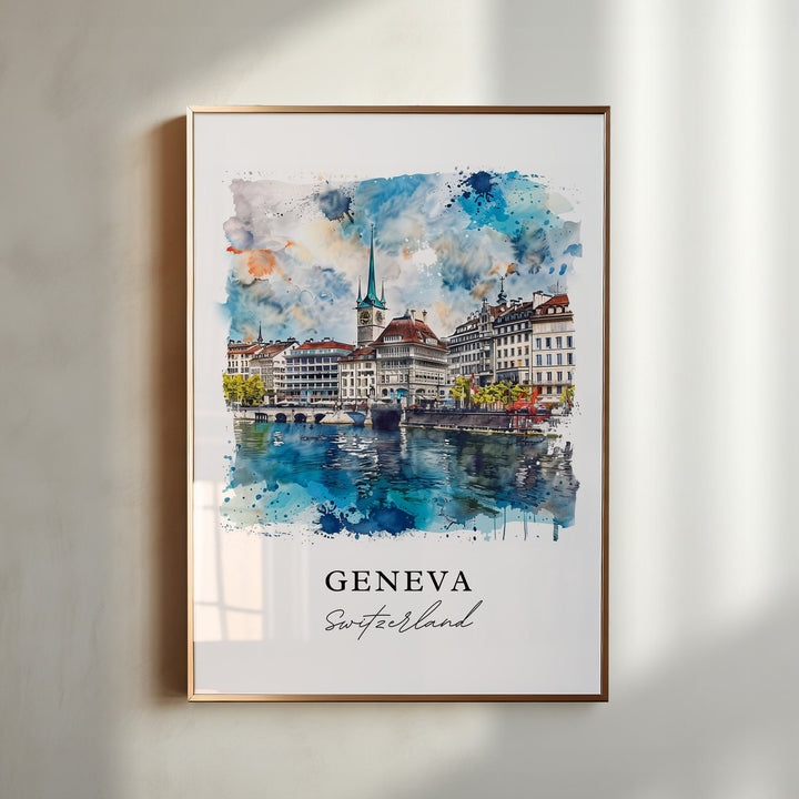 Geneva Wall Art, Geneva Switzerland Print, Geneva Watercolor, Geneva Gift,