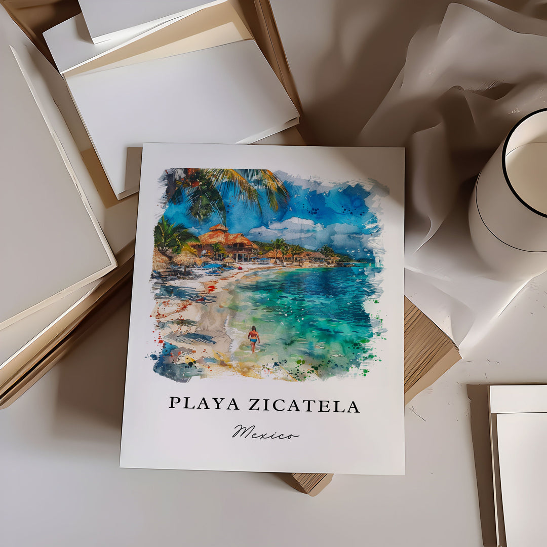 Playa Zicatela MX Art, Playa Zicatela Print, Oaxaca Watercolor Art, Puerto Escondido Gift,