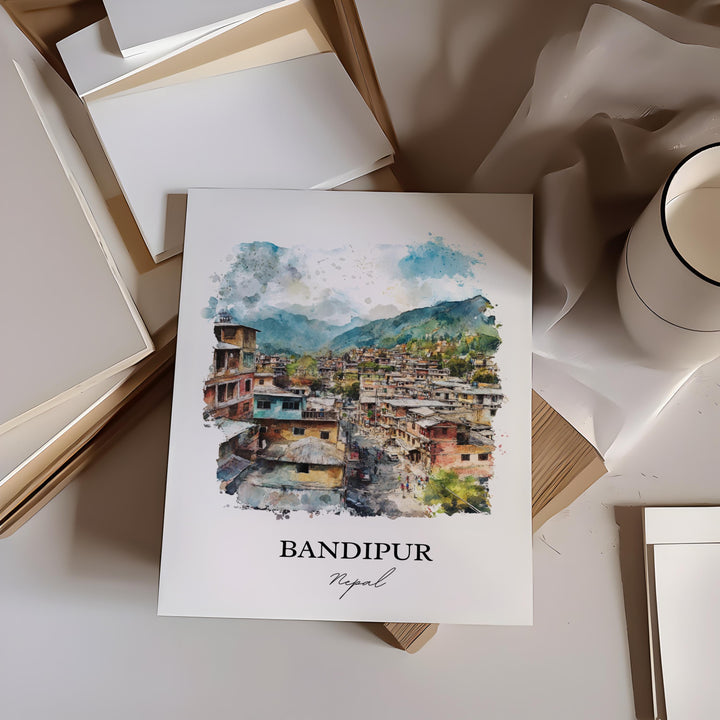 Bandipur Nepal Wall Art, Gandaki Province Print, Nepal Watercolor Art, Bandipur Nepal Gift, Travel Print, Travel Poster, Housewarming Gift