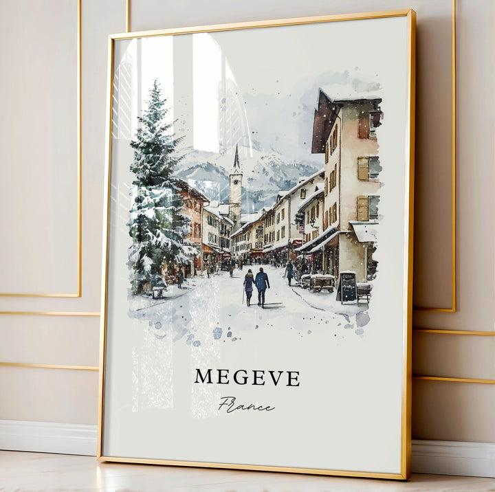 Megeve France Wall Art, Megeve Print, French Alps Watercolor Art, Megeve France Gift,