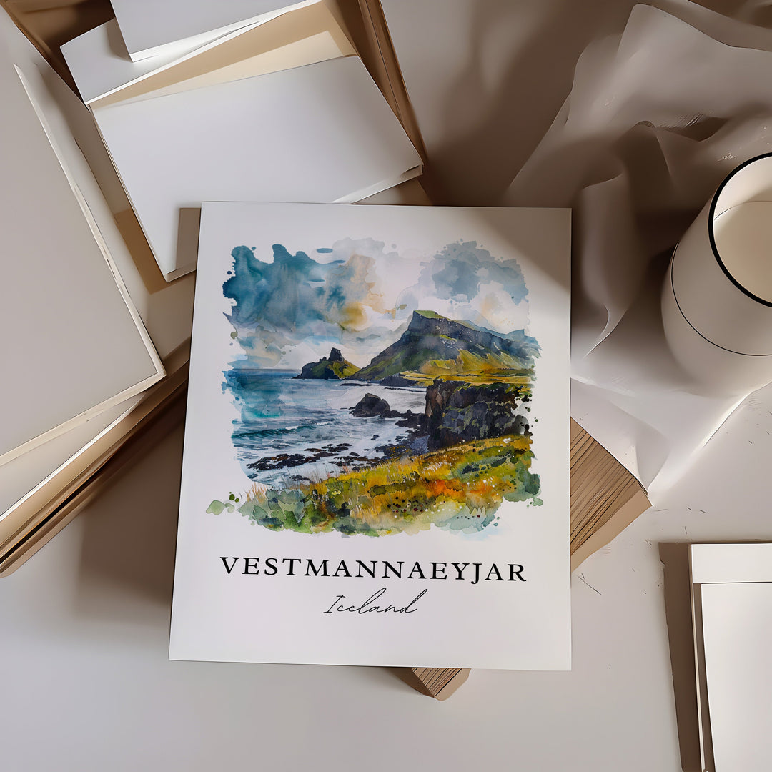 Vestmannaeyjar Wall Art, Iceland Print, Vestmannaeyjar Watercolor, Heimaey Iceland Gift,