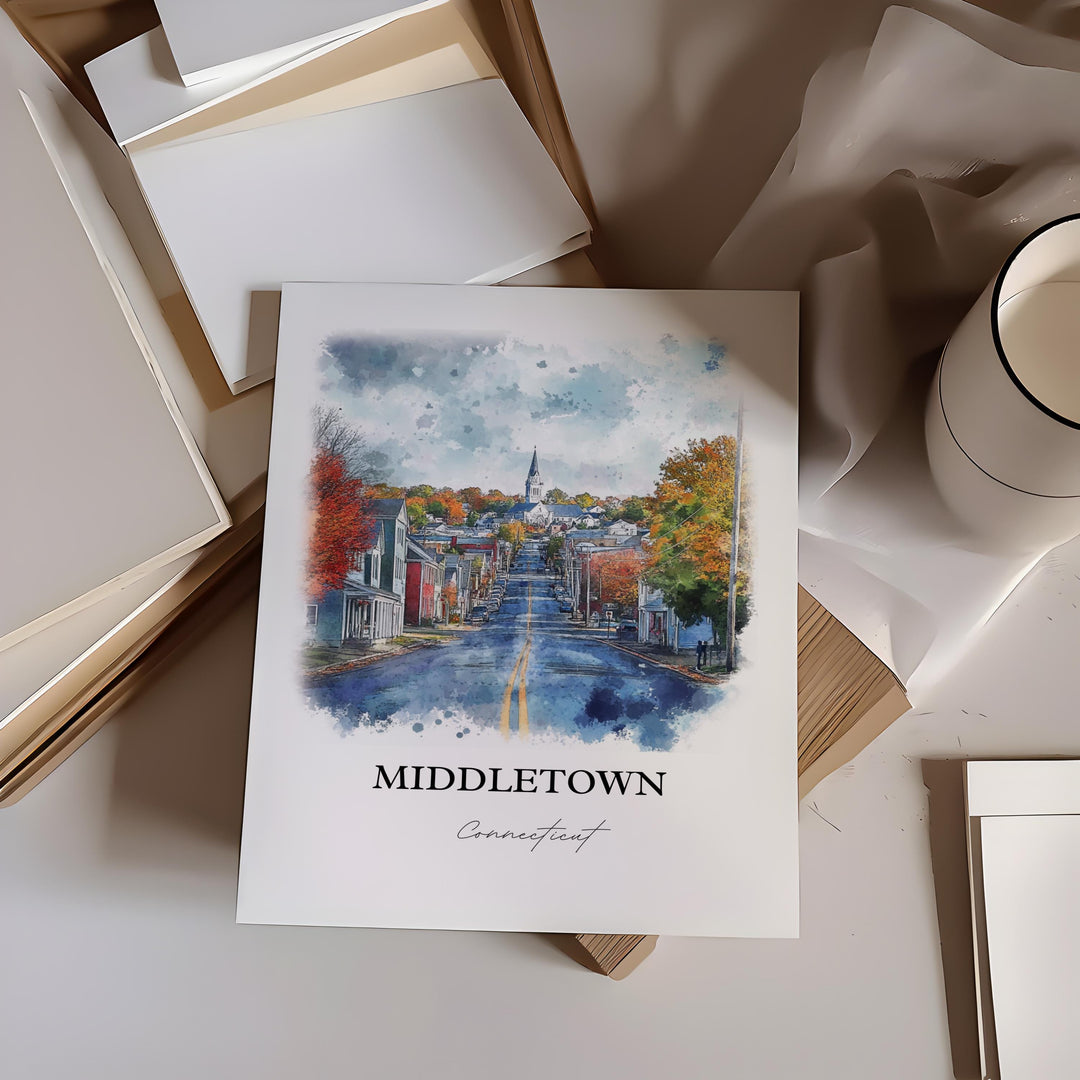 Middletown CT Art, Middlesex County CT Print, Connecticut Watercolor, Middletown CT Gift, Travel Print, Travel Poster, Housewarming Gift