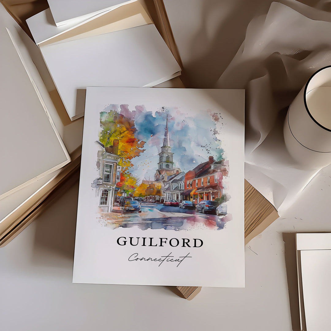Guilford CT Wall Art, New Haven County Print, Guilford Watercolor, Guilford Connecticut Gift,