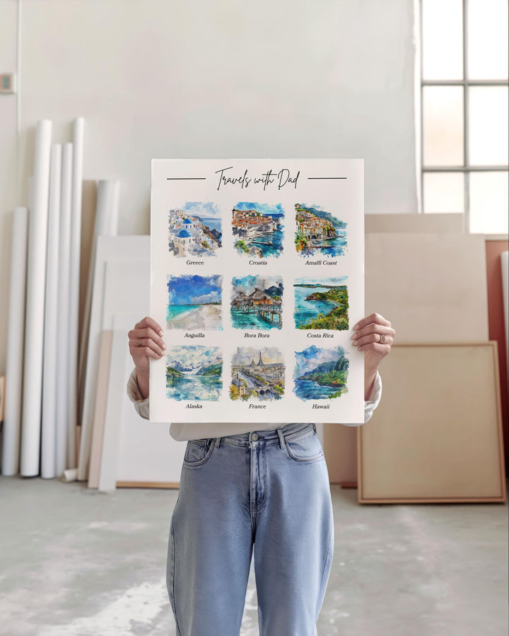 Custom Fathers Day Travel Art, Travels with Dad Art, Fathers Day Print, Travel Watercolor Art, Travels with Dad, Gift for Him, Travel Art