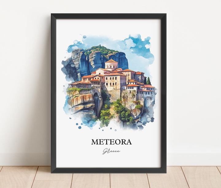 Meteora Wall Art, Meteora Greece Print, Greece Watercolor Art, Trikala Greece Gift, Travel Print, Travel Poster, Housewarming Gift
