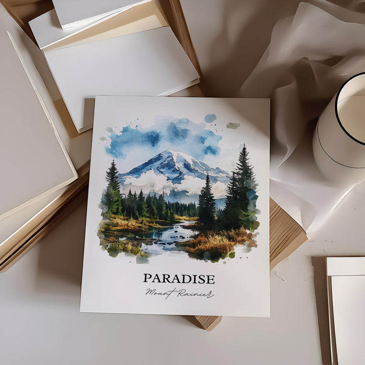 Paradise Mt. Rainier Art, Mt Rainier Print, Washington Watercolor Art, Mount Rainier Gift, Travel Print, Travel Poster, Housewarming Gift