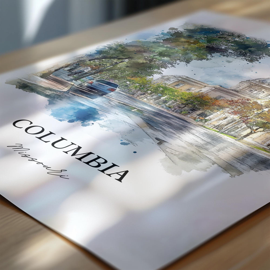 Columbia Missouri Art, Univ of Missouri City Print, Missouri Watercolor, Columbia MO Gift, Travel Print, Travel Poster, Housewarming Gift