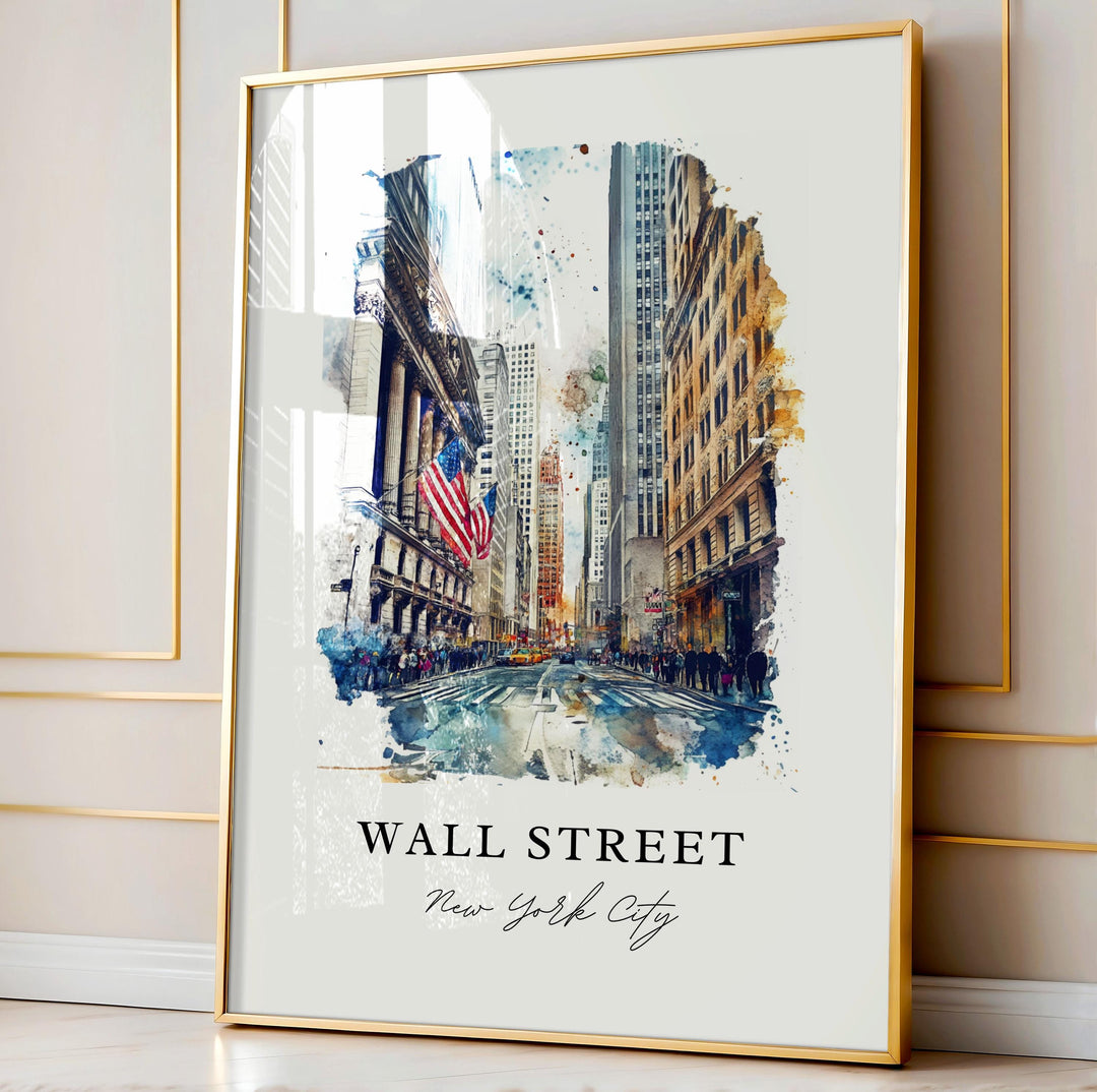 Wall Street NYC Art, Wall Street Print, Lower Manhattan Watercolor Art, Wall Street Gift,