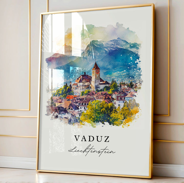 Vaduz watercolor travel art - Liechtenstein, Vaduz print, Wedding gift, Birthday present, Custom Text, Perfect Gift