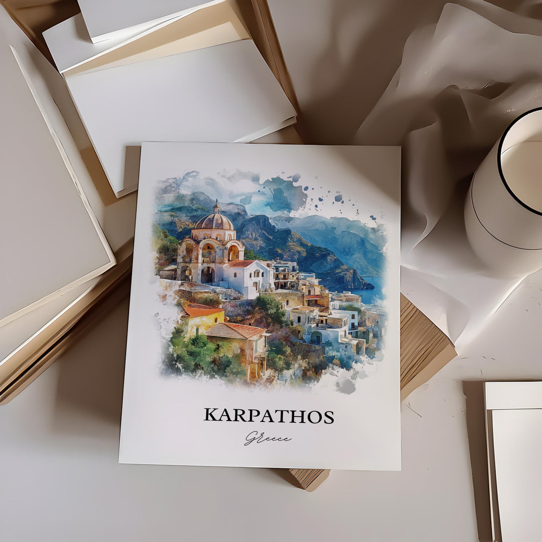 Karpathos Greece Wall Art, Dodecanese Islands Print, Greece Watercolor Art, Karpathos Gift, Travel Print, Travel Poster, Housewarming Gift
