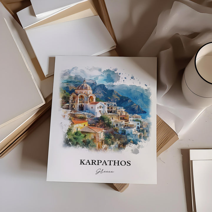 Karpathos Greece Wall Art, Dodecanese Islands Print, Greece Watercolor Art, Karpathos Gift, Travel Print, Travel Poster, Housewarming Gift